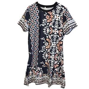 NWT Navy Floral Boho Shift Dress Size 6 Geometric Border Print Mini Dress